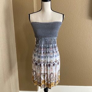 Sky Strapless Smocked Bodice Floral Print Dress in Gray, Yellow, White